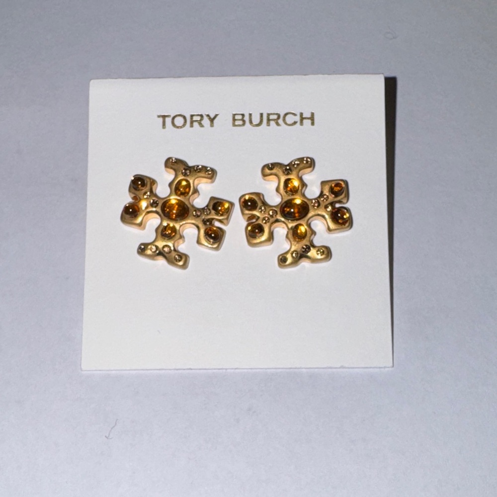 NEW-Tory Burch Gold and Amber Stud Earrings